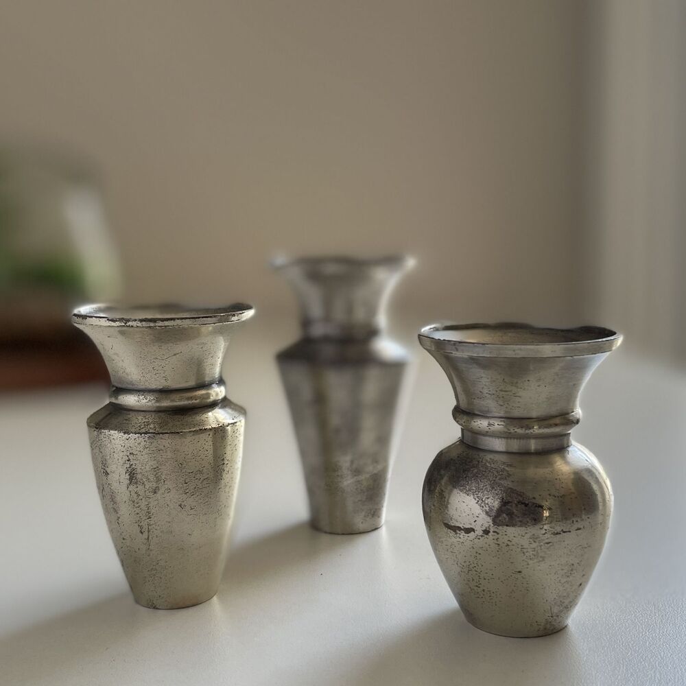 RESTORATION Hardware Jerome Demi Bud Vases Set of 3 Silver Tone 3" Distressed